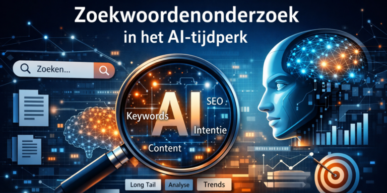 Visualisatie van zoekwoordenonderzoek in het AI-tijdperk, met focus op zoekintentie, contentstructuur en SEO-strategie