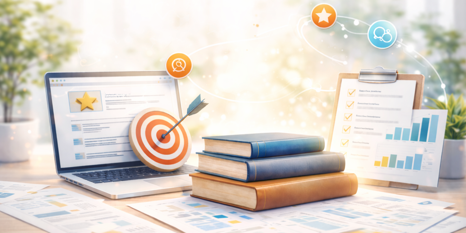 Illustratie van een gestructureerde werkomgeving waarin kennis, content en strategie samenkomen als basis voor online autoriteit