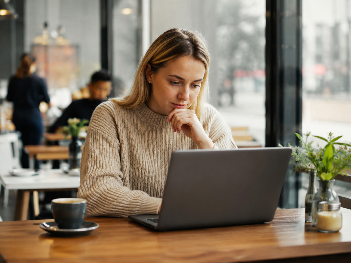vrouw leest geconcentreerd een artikel op laptop in een modern café