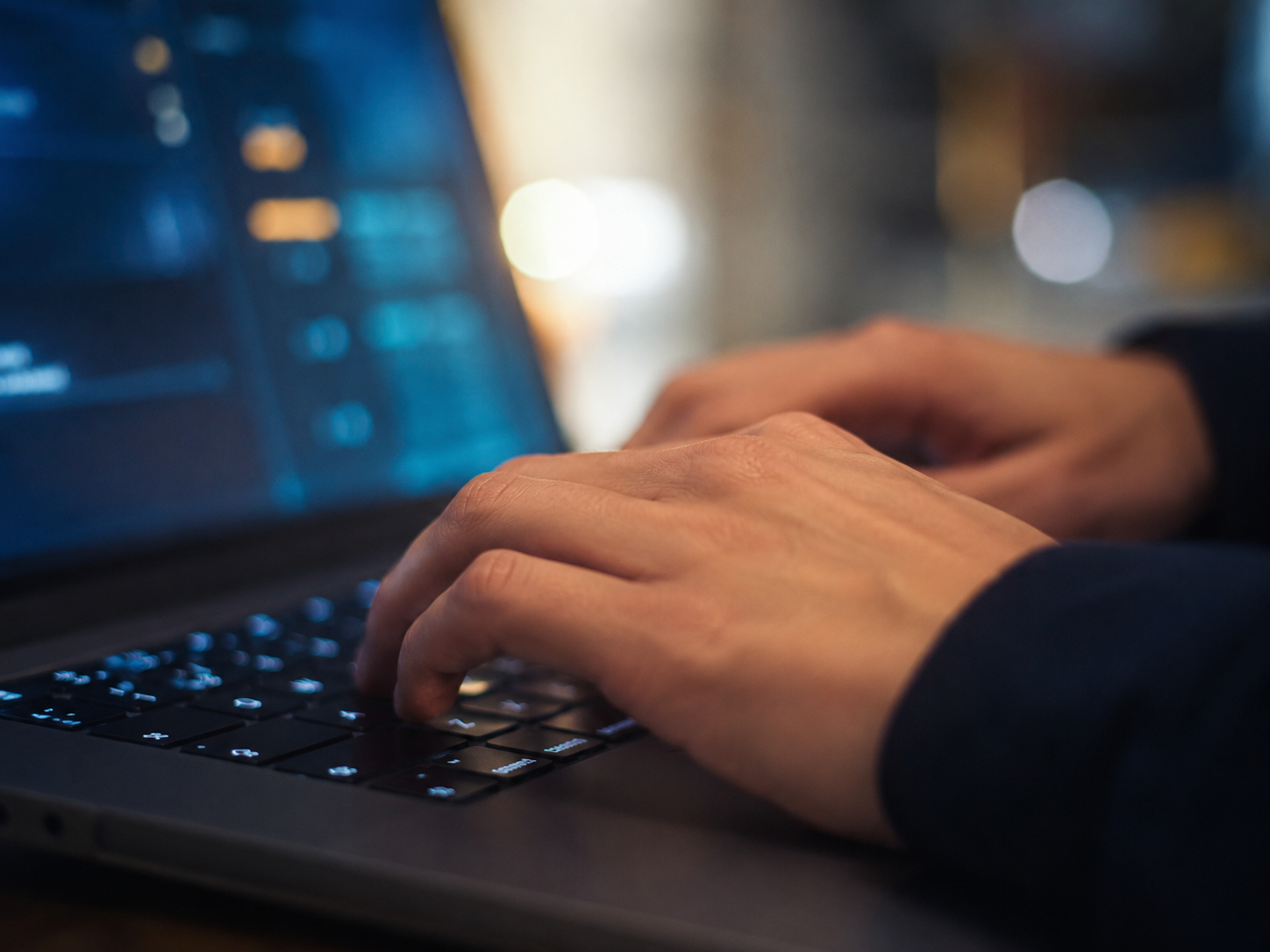 Handen typen op een laptop met een onscherpe digitale interface op de achtergrond