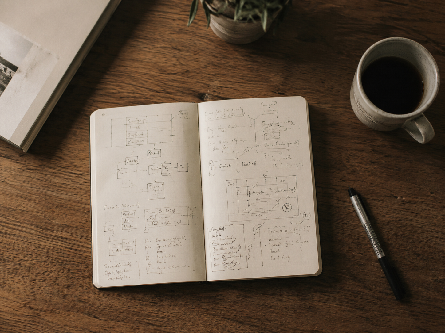 Notitieboek met handgetekende structuurschema’s op een houten bureau met pen en koffiekop